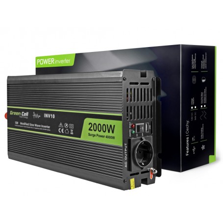 Green Cell, 2000W DC 12V naar AC 230V met USB Stroom Inverter Converter, Batterij omvormers, GC009