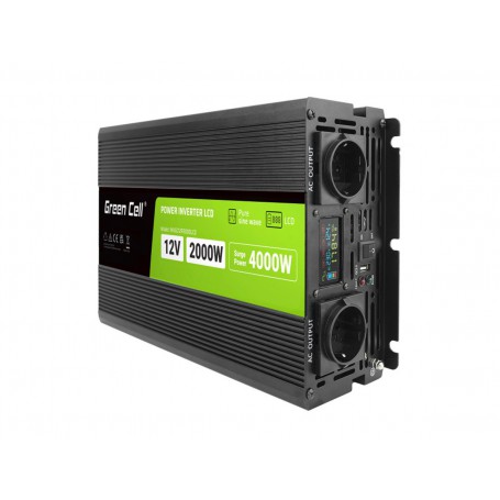 Green Cell - GREEN CELL Smart LCD 2000W 12V DC la 230V AC cu USB QC3.0 Invertor de baterie - Sinusoid pur - Invertoare de bat...