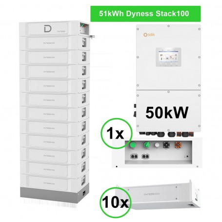 Dyness, 51kWh Storage Package - 50kW 3PH Solis Hybrid + 10x Dyness Stack100 Battery Stack + 1x BDU & Base, Paquetes de sistem...
